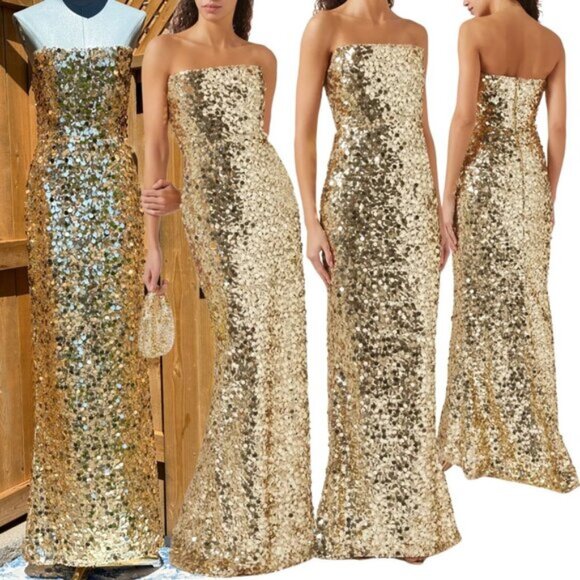 🆕 BRONX & BANCO 🧿 NWOT Farah Strapless Sequins Gown, Gold, Sz M US 6 - Picture 1 of 16